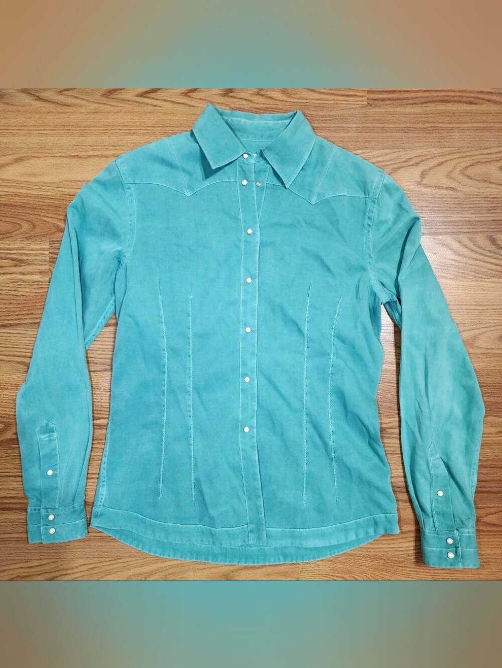 Ryan Michael Western Shirt Womens XS Turquoise Silk Cotton Snap Pearl Button